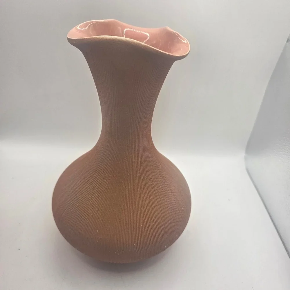 Vintage West Germany 963 Pottery Vase Pink Ribbed Wavy Rim Mid Century MCM